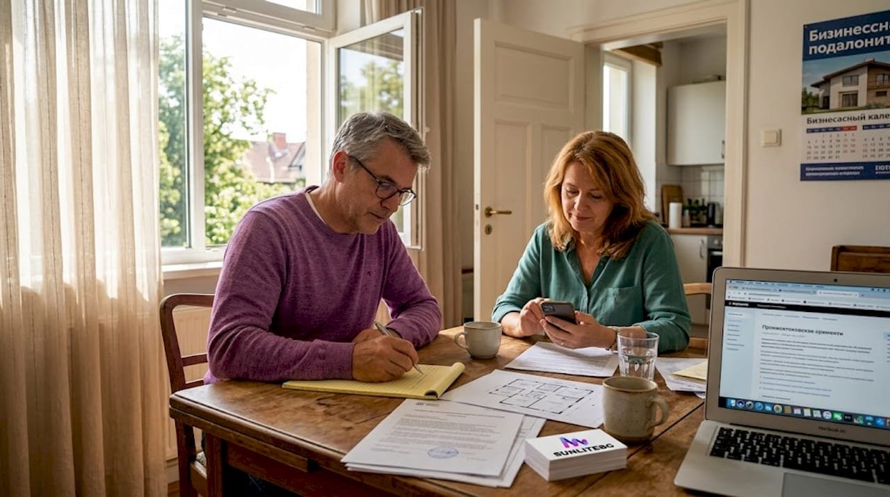 Супружеская пара внимательно изучает документы по покупке таунхауса.