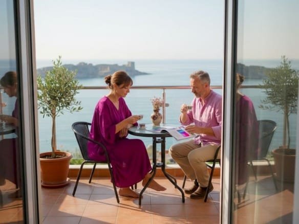 Супружеская пара на балконе своей квартиры у моря обсуждает финансовые вложения.