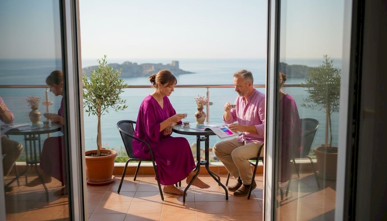 Супружеская пара на балконе своей квартиры у моря обсуждает финансовые вложения.