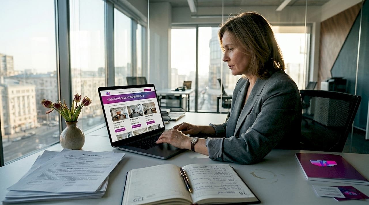 Деловая женщина просматривает предложения по недвижимости, работая в офисе.