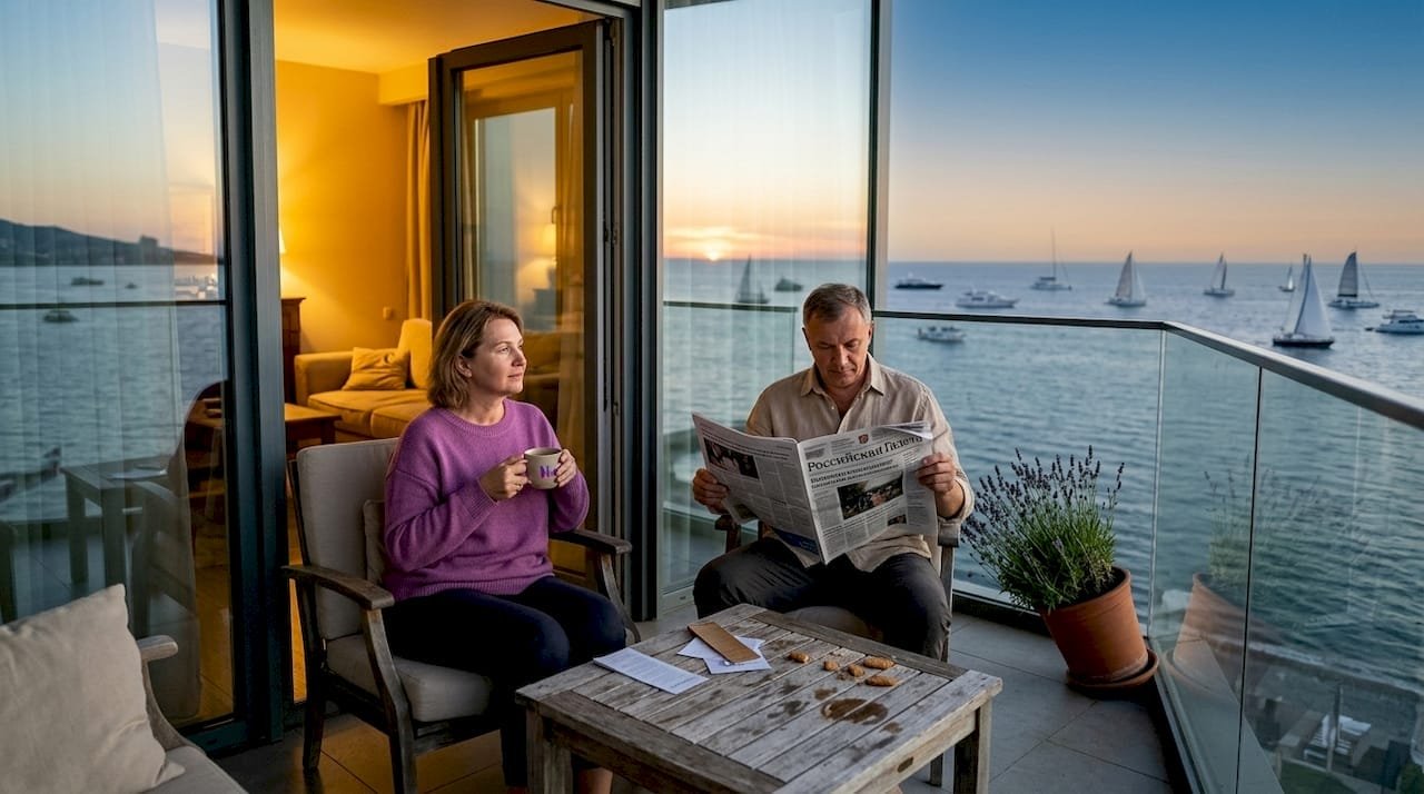 Пара отдыхает на балконе с видом на море