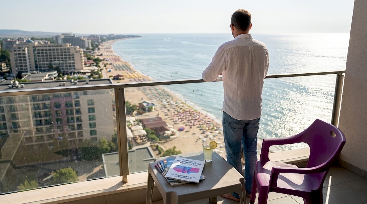 На балконе стоит мужчина и любуется морским видом.