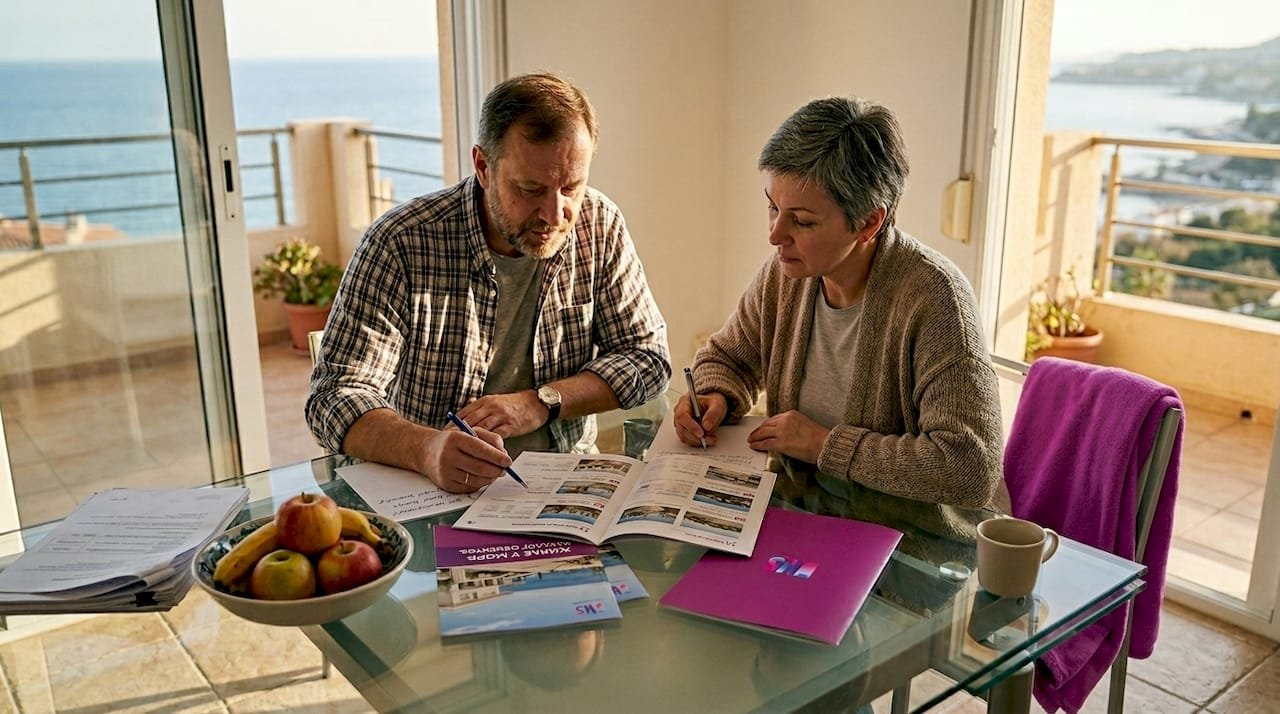 Пара выбирает квартиру у моря, просматривая варианты в интернете.