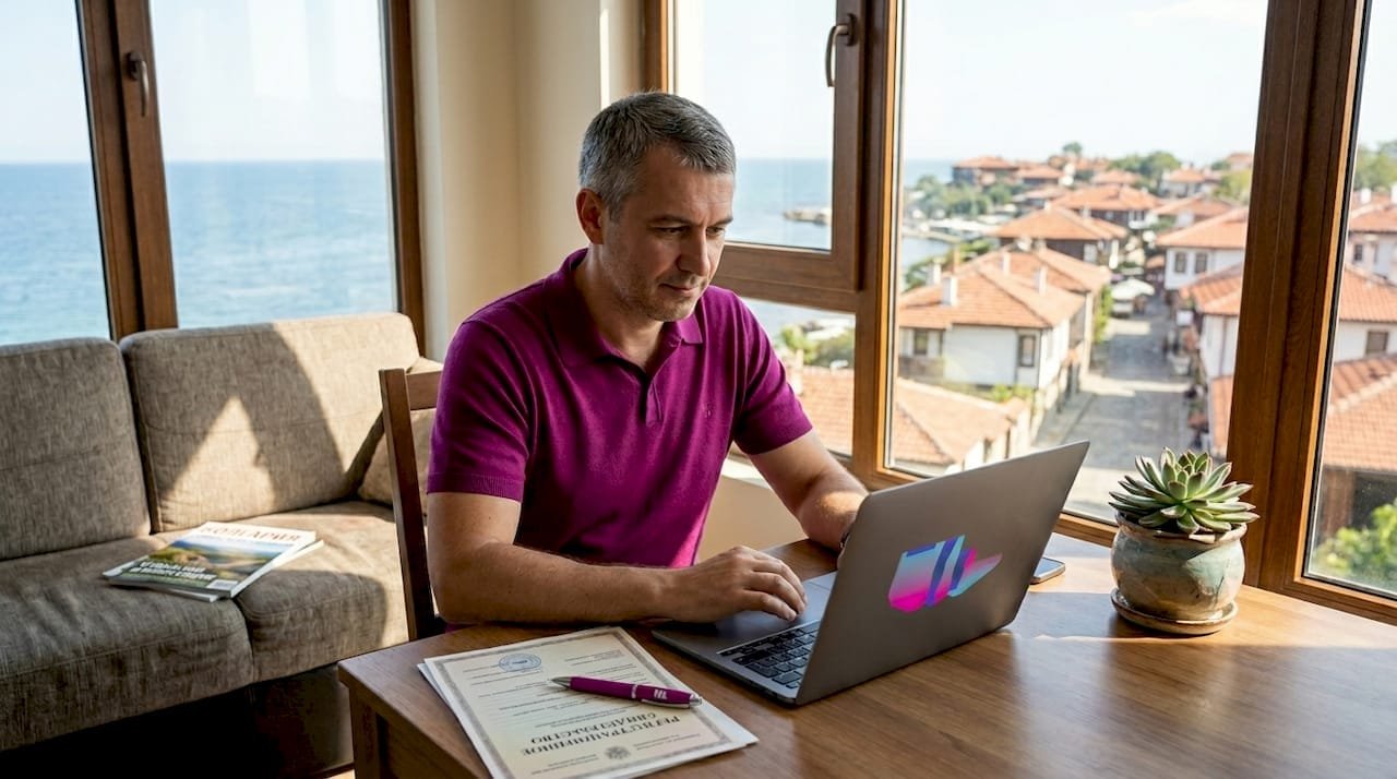 Мужчина внимательно знакомится с бумагами по покупке недвижимости в Несебре.