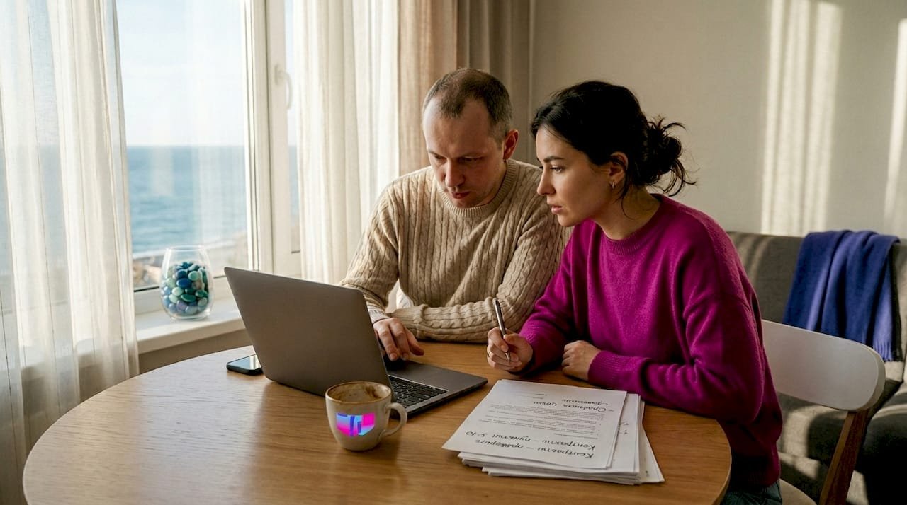 Молодая пара обсуждает, как выгоднее снять жильё на побережье.