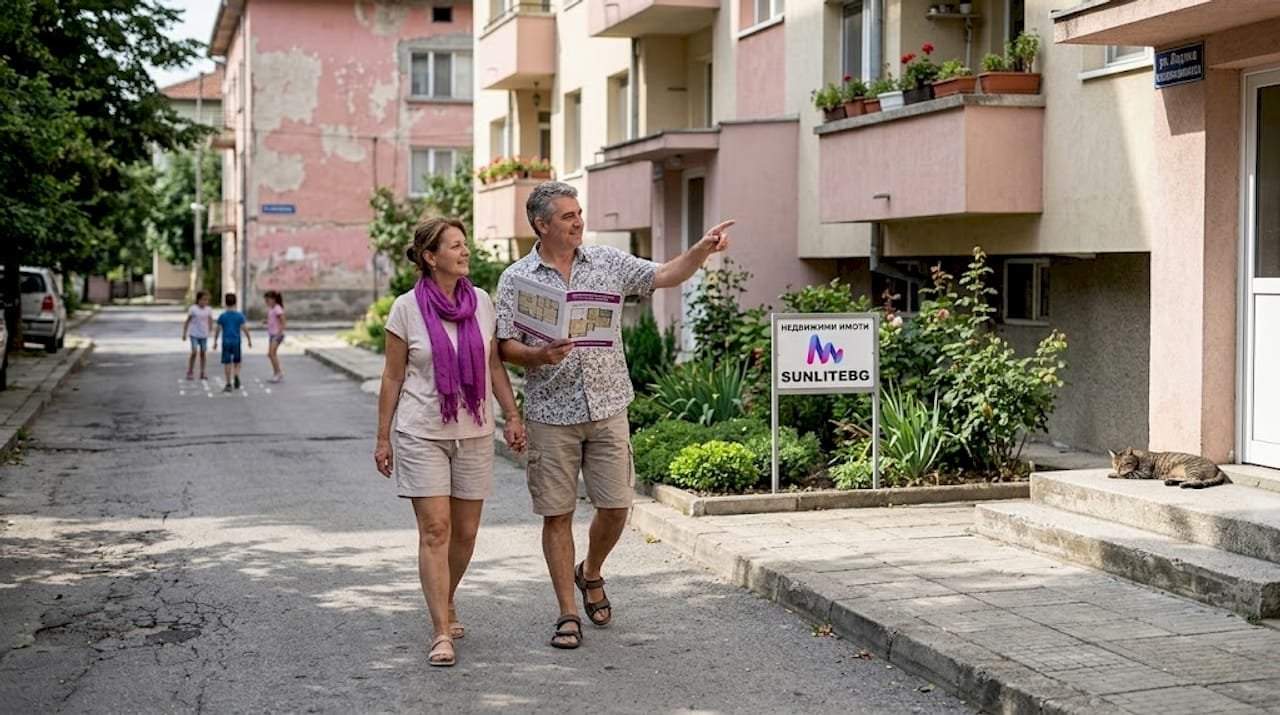 Пара прогуливается по тихому болгарскому пригородy среди уютных домиков.