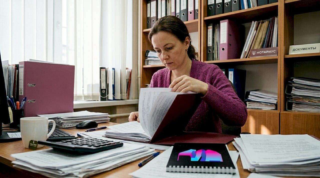 В нотариальной конторе женщина внимательно знакомится с бумагами.