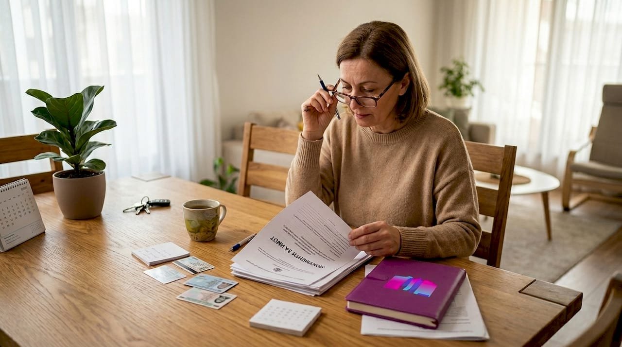 Женщина сидит за столом дома и разбирает документы, связанные с недвижимостью.