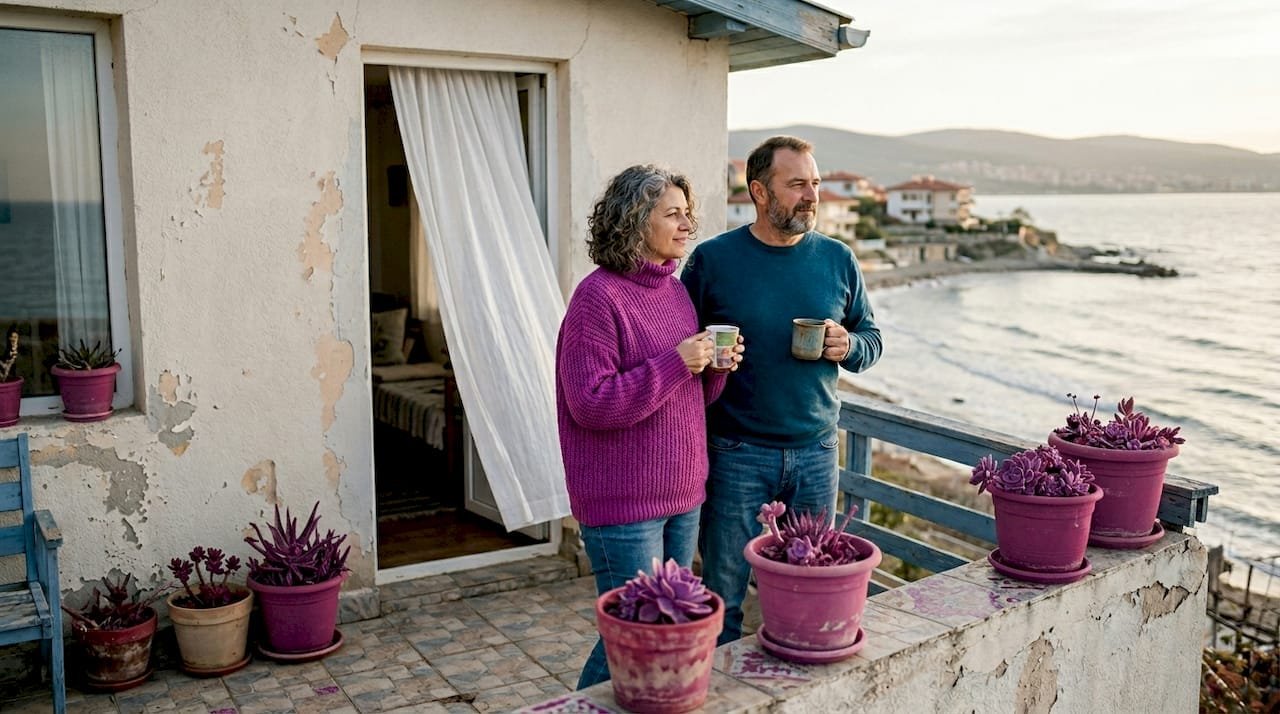 Пара наслаждается видом на море из уютного дома у побережья.