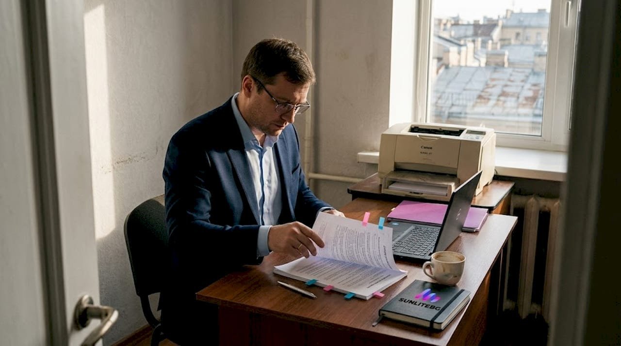 Посредник внимательно изучает бумаги, стоя у окна.