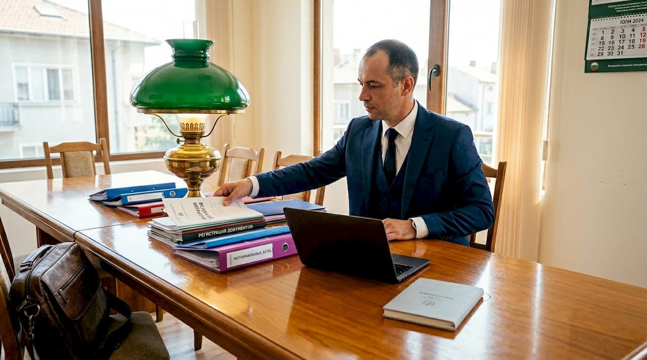 В офисе нотариус занимается оформлением документов по сделке.