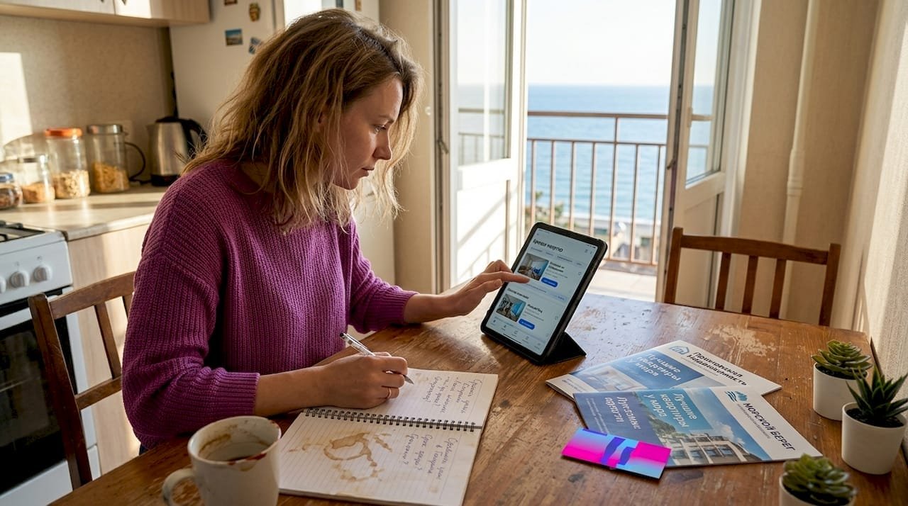 Женщина подбирает себе квартиру у моря, изучая варианты аренды.