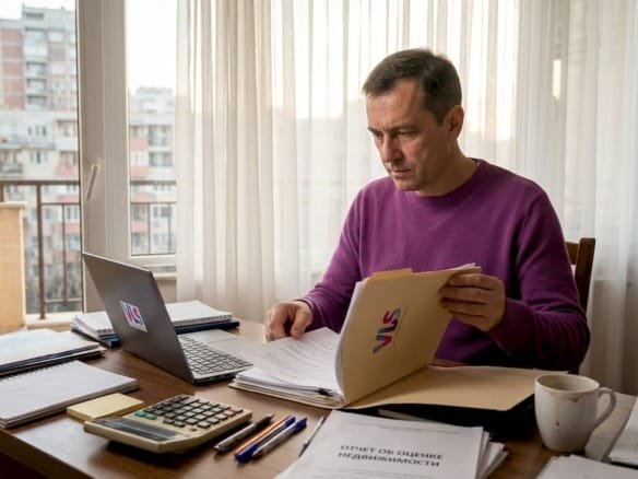 Оценщик внимательно изучает предоставленные бумаги прямо в офисе.