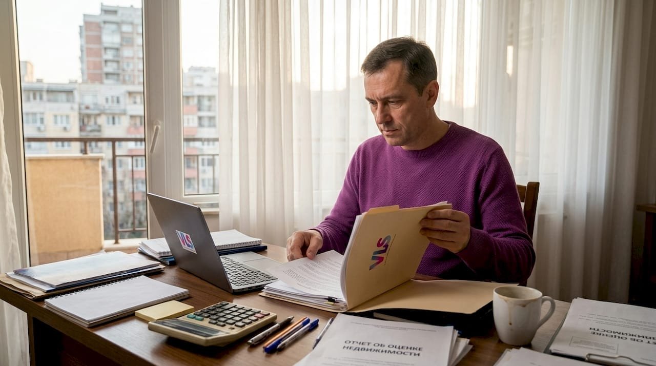 Оценщик внимательно изучает предоставленные бумаги прямо в офисе.