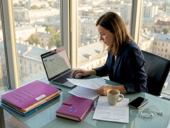 Сотрудник внимательно изучает документы в светлом, просторном офисе.