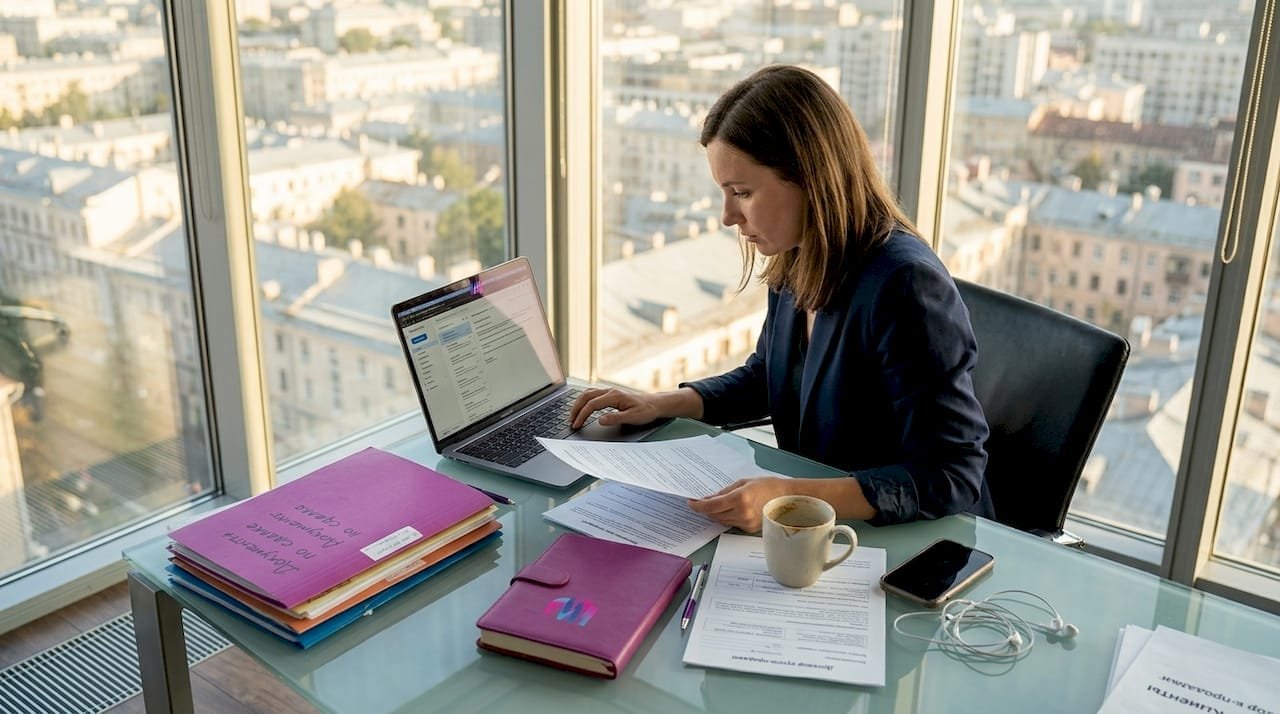 Сотрудник внимательно изучает документы в светлом, просторном офисе.