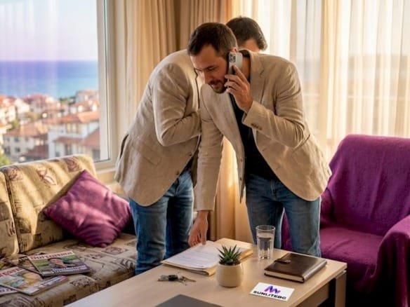 Мужчина обсуждает возможность приобрести квартиру на побережье.
