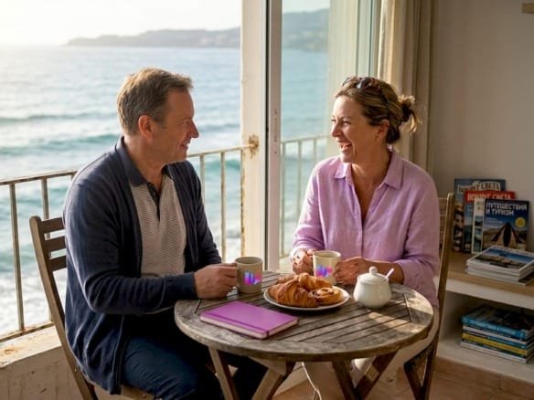 Пара наслаждается отдыхом на балконе с видом на море.