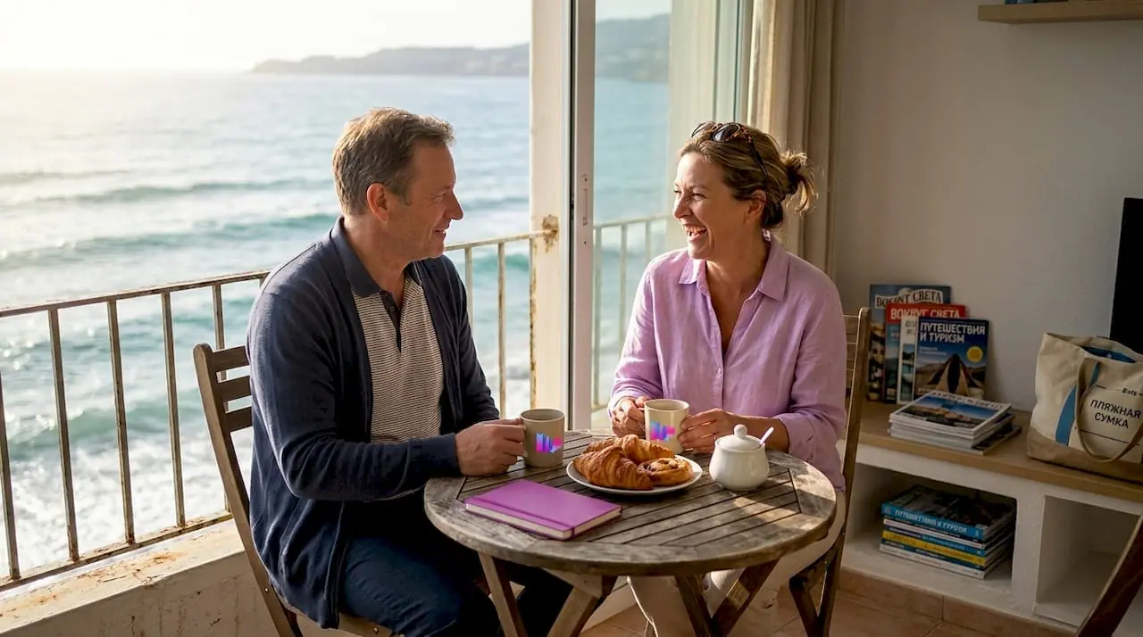 Пара наслаждается отдыхом на балконе с видом на море.