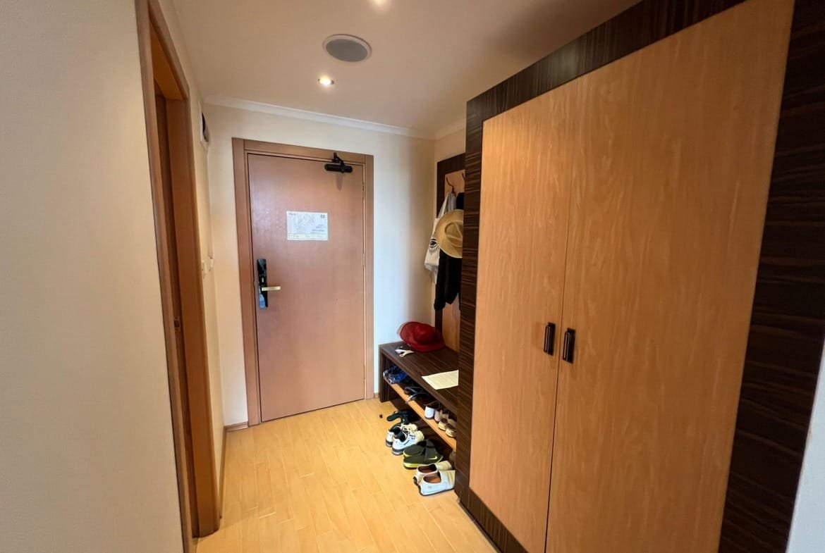 Современный коридор в квартире в Болгарии с дверью, шкафом и обувью на полу, отражающий уютный интерьер для продажи недвижимости.