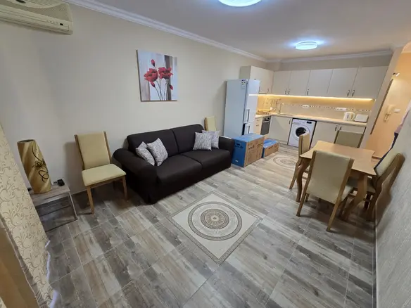 Современная квартира в Болгарии с мебелью, кухонным оборудованием, деревянным столом и стульями, светлыми тонами и уютной атмосферой.