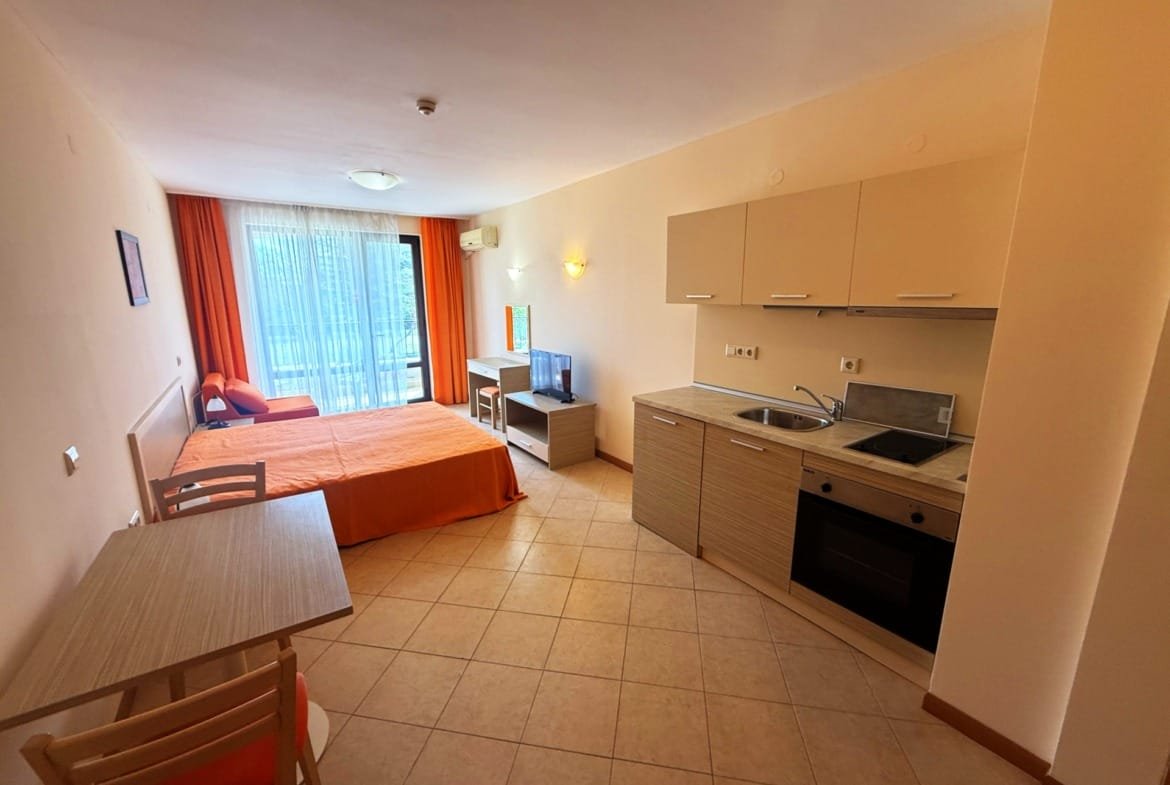 Современная однокомнатная квартира с кухонным уголком и обеденной зоной, балкон с выходом на светлую гостиую в Болгарии.