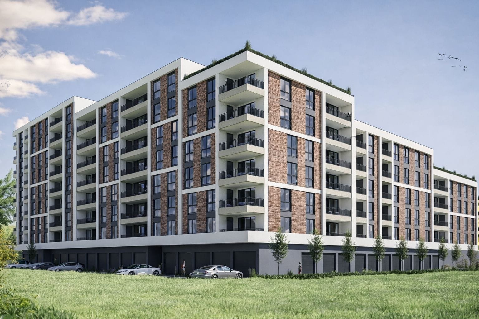 Современный жилой комплекс с балконам и зелеными насаждениями. Современный жилой комплекс с балконами, окружённый зеленью и паркингом, идеальный для покупки недвижимости в Болгарии.