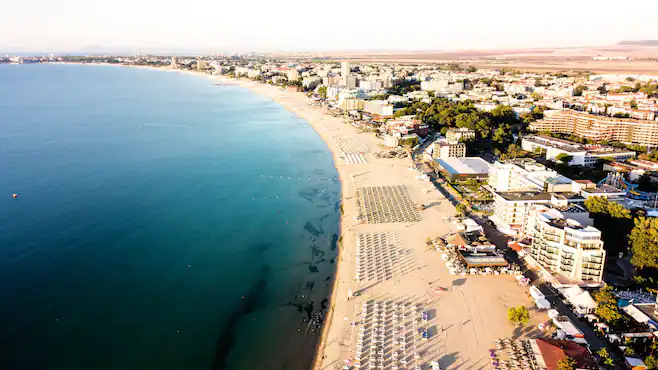 Sunny Beach Bulgaria aerial view of the coastline and luxury real estate properties by the Black Sea.