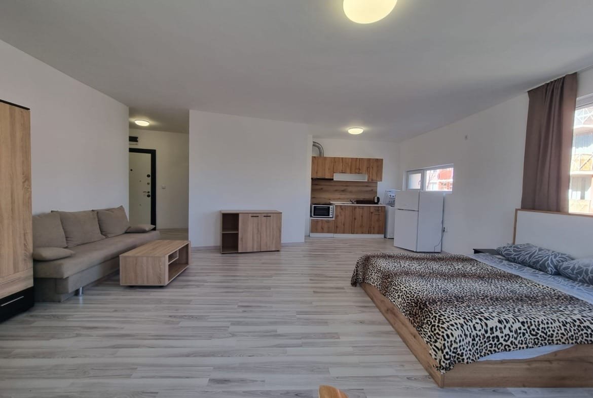 Современная квартира с открытой планировкой, светлыми стенами и мебелью из дерева, идеальна для покупки в Болгарии.