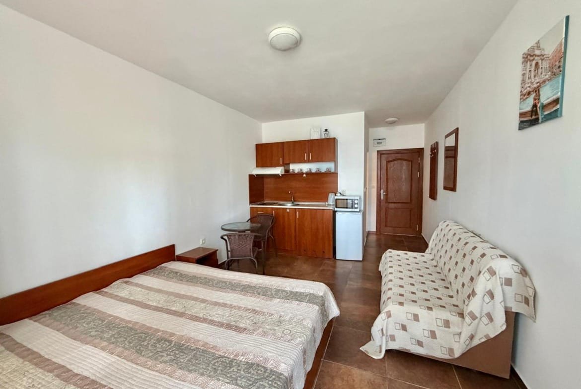 Уютная студия с деревянной мебелью, кухонным уголком и диваном, идеальная для проживания или аренды в Болгарии.