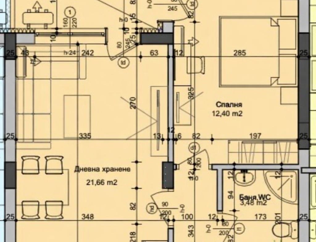 Планировка квартиры в Болгарии, включая спальни, гостиную, санузел и балкон, общей площадью 56,92 м².