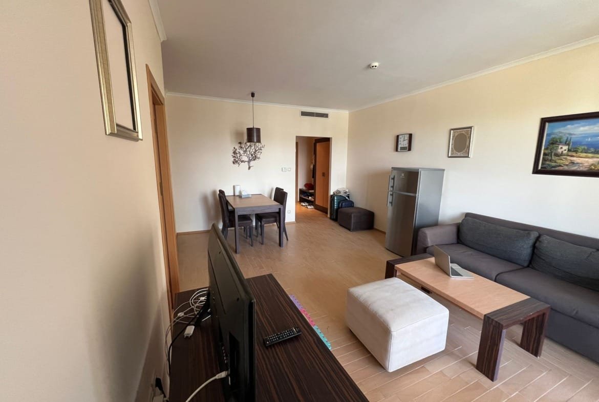 Современный интерьер квартиры в Болгарии с мебелью, телевидением и обеденной зоной, идеальной для продажи или аренды.