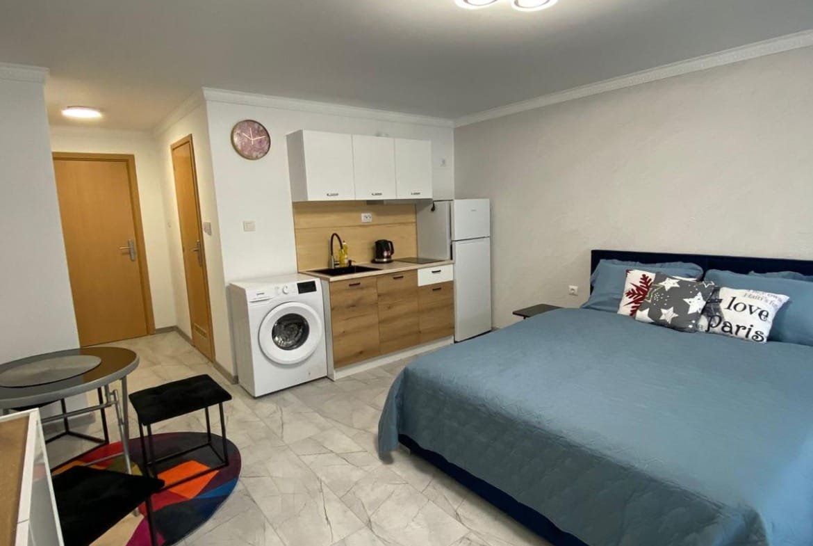 Современная квартира-студия с кухонной зоной, стиральной машиной и уютной спальней, подходящая для жизни в Болгарии.