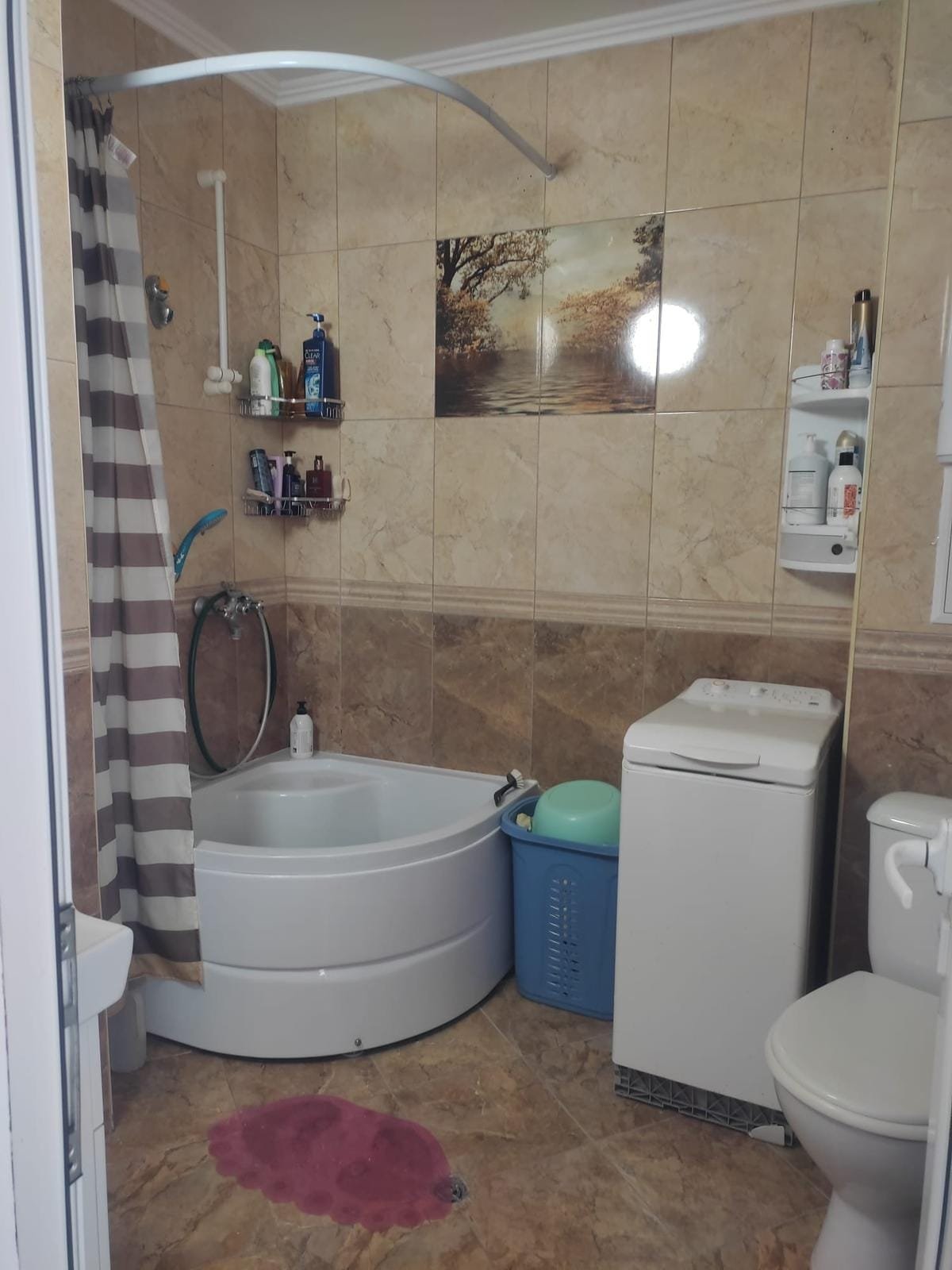 Светлая ванная комната с ванной, стиральной машиной и душем, отделанная плиткой, с элементами декора в виде картины.