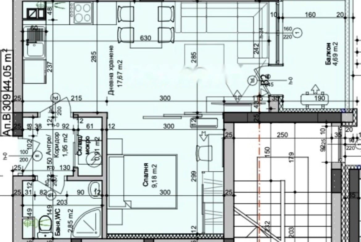 План квартиры с указанием размеров комнат, кухни и санузла, подходящий для покупки недвижимости в Болгарии.
