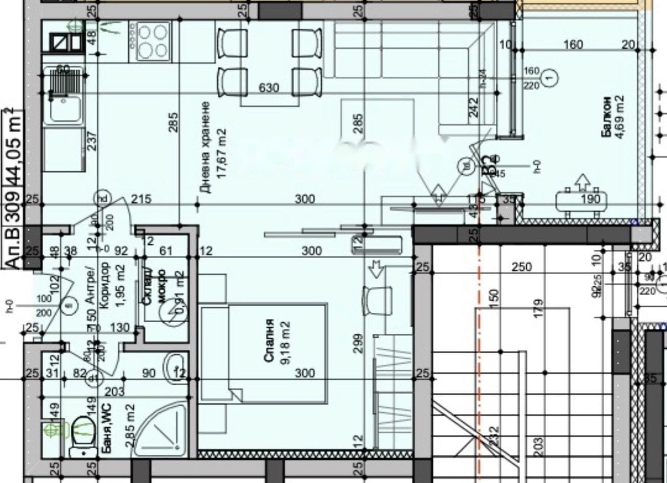 План квартиры с указанием размеров комнат, кухни и санузла, подходящий для покупки недвижимости в Болгарии.