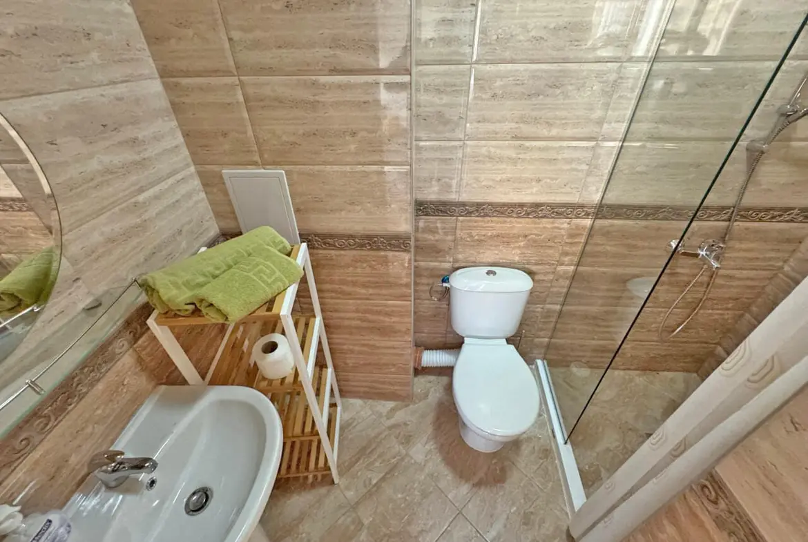 Современная ванная комната с душевой кабиной, умывальником и стильным декором, идеальная для апартаментов в Болгарии.