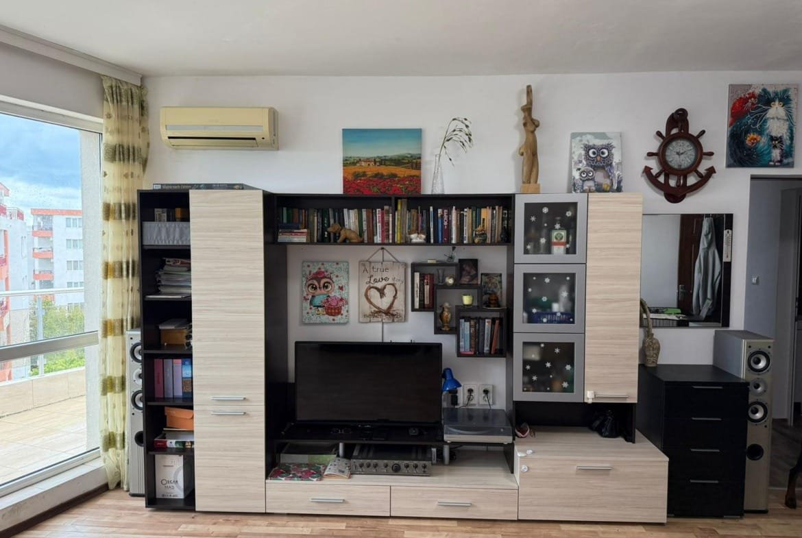 Современный интерьер квартиры в Болгарии с телевизором, книжными полками и яркими художественными деталями.