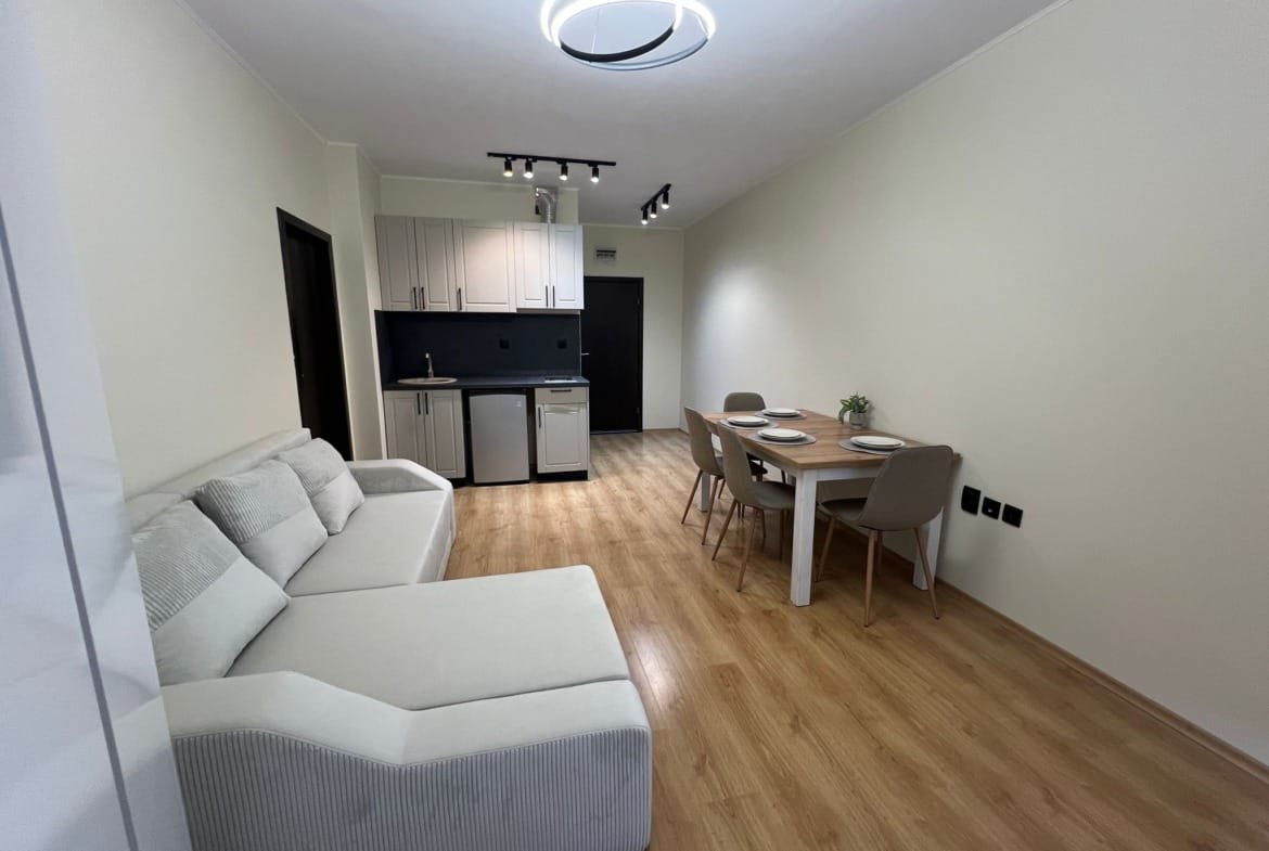 Современно оформленная квартира в Болгарии, светлая гостиная с диваном, обеденный стол и кухня в современном стиле.