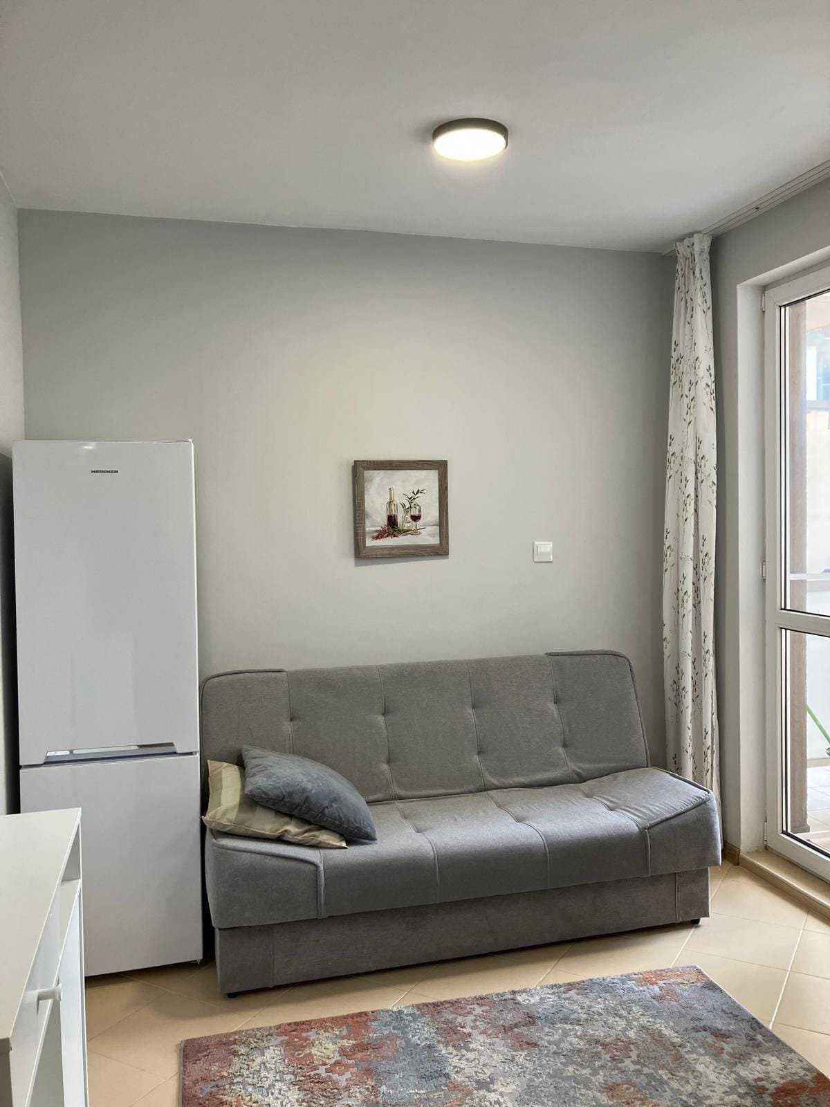 Современный интерьер однокомнатной квартиры в Болгарии с диваном, холодильником и ковром. Идеальное место для продажи недвижимости.