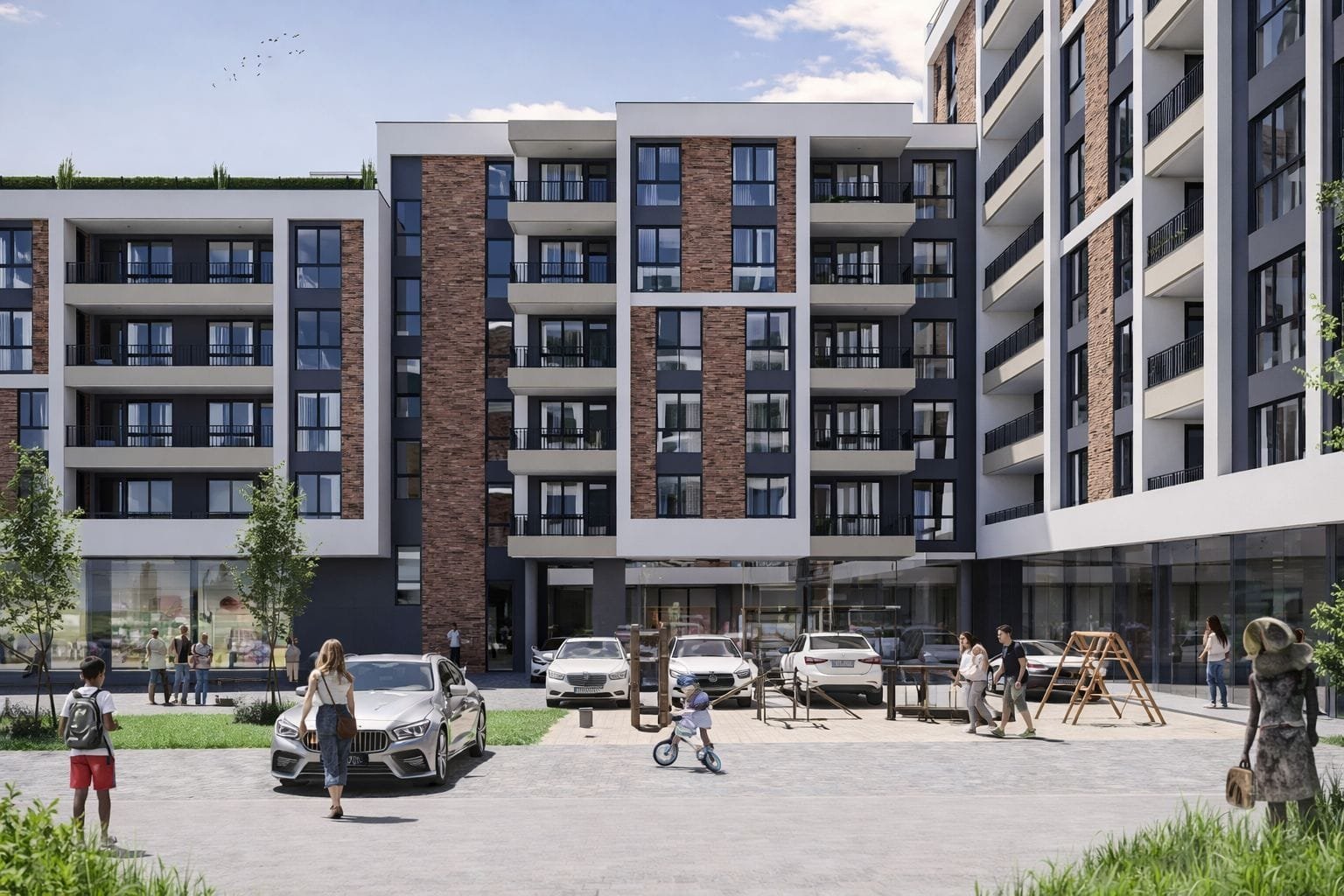 Современный жилой комплекс с парковкой и детской площадкой Современный жилой комплекс в Болгарии с парковкой, детьми и взрослыми на площадке, зелеными насаждениями и стильной архитектурой.