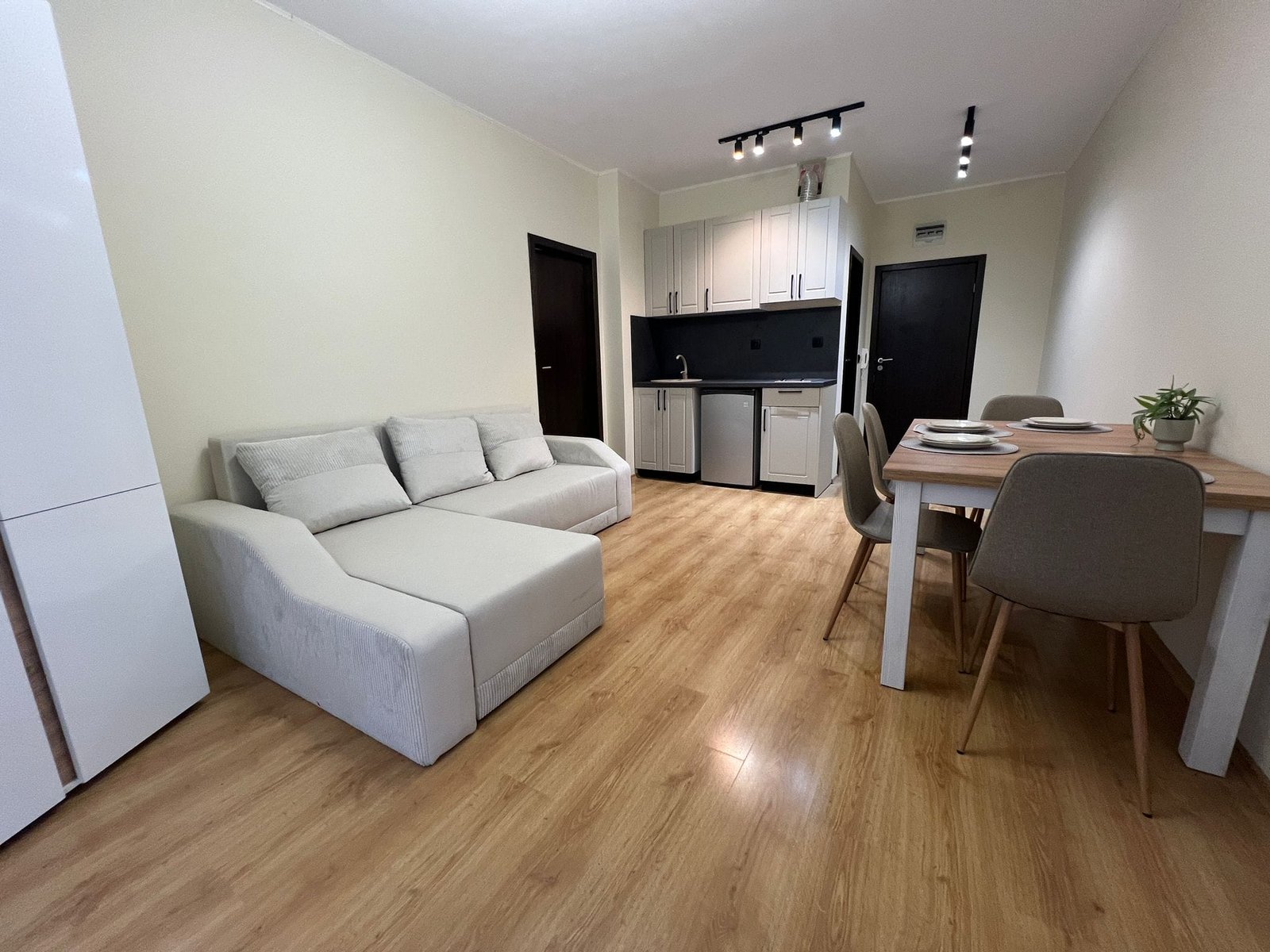 Современная квартира-студия с кухней и обеденной зоной Современная кухня-студия с диваном и обеденным столом, оформленная в светлых тонах, идеальна для покупки недвижимости в Болгарии.