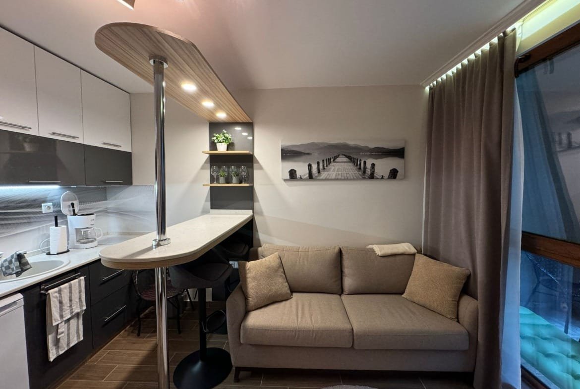 Современный интерьер квартиры в Болгарии с кухней, диваном и декоративными элементами для продажи недвижимости.