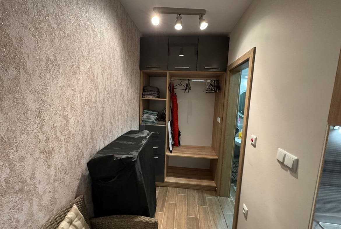 Современный прихожая с шкафом для одежды и полками, оформленная в спокойных тонах, подходит для квартиры в Болгарии.