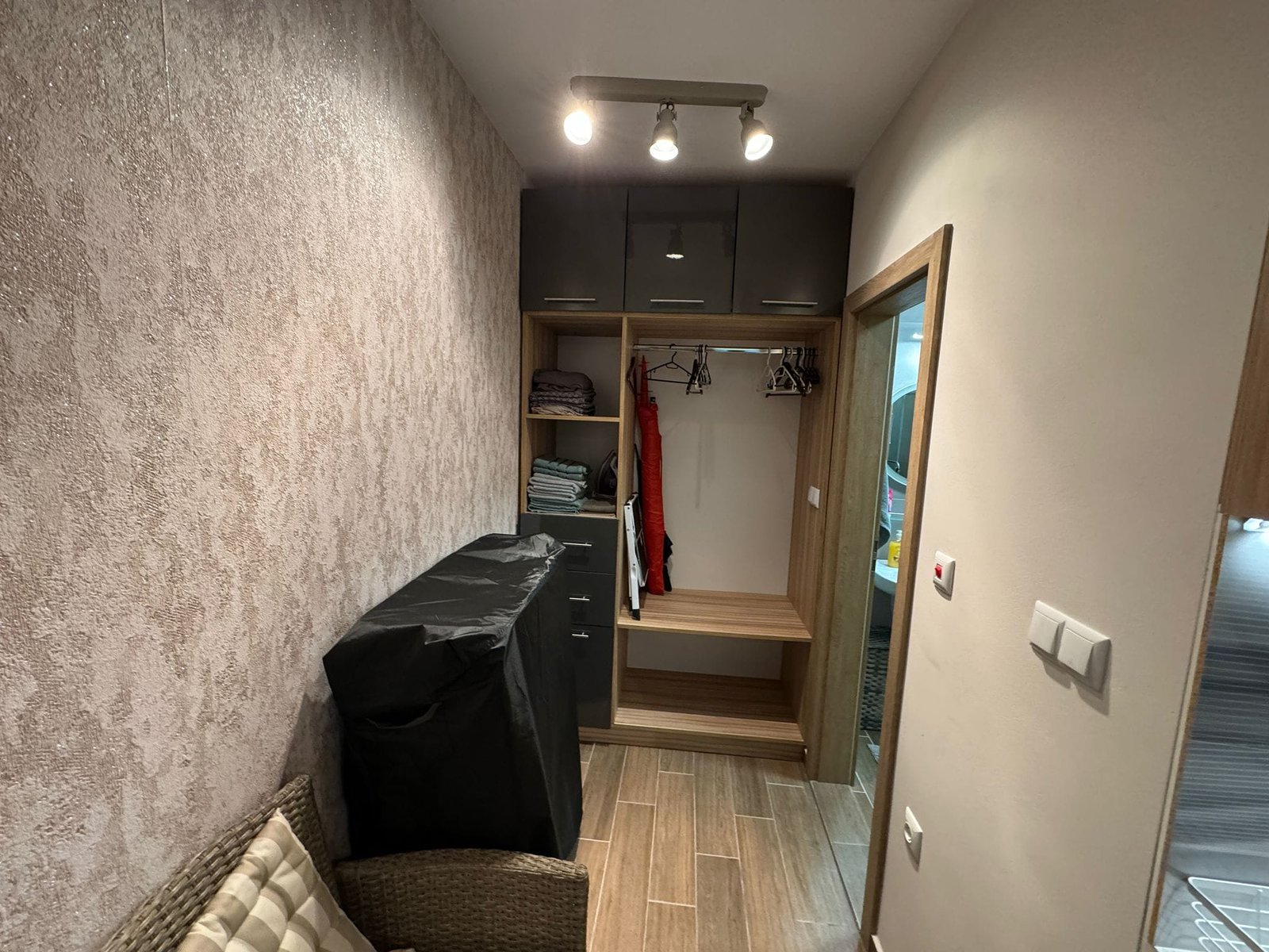 Современный прихожая с шкафом для одежды и полками, оформленная в спокойных тонах, подходит для квартиры в Болгарии.