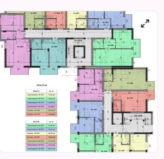 Планировку многоэтажного жилого комплекса в Болгарии с указанием квартир, площадей и помещений.