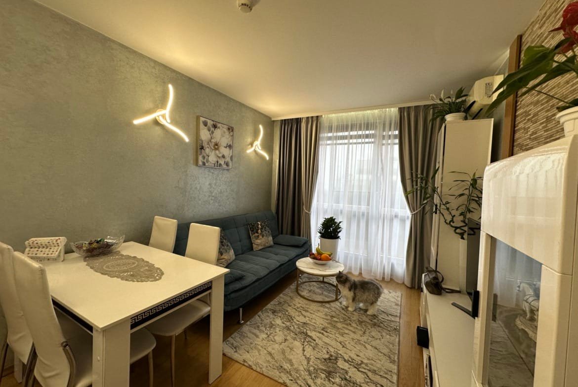 Современная гостиная с диваном, обеденным столом, цветами и кошкой, ярким освещением и большими окнами.