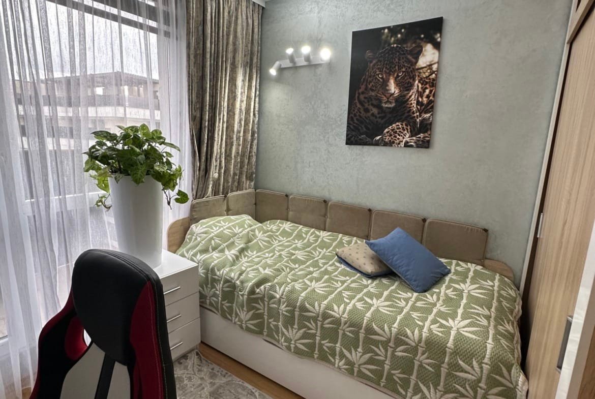 Уютная комната с диваном, пледом, подушкой, растениями и постером с изображением кошки на стене. Светлое оформление.