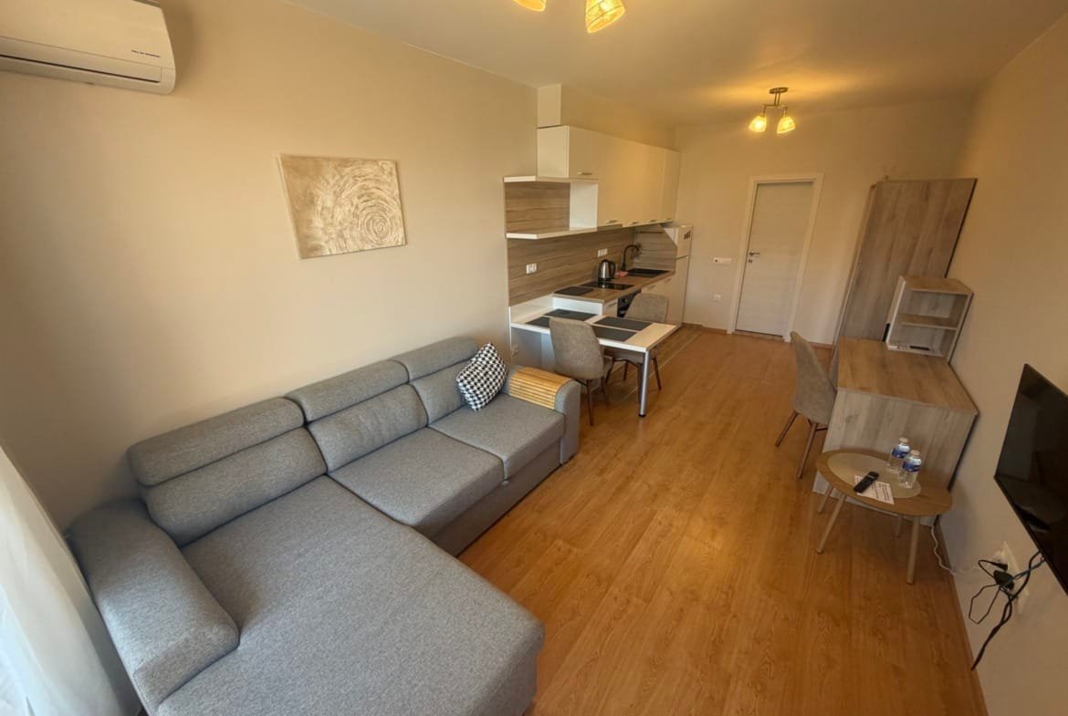 Современный интерьер квартиры в Болгарии с уютной зоной отдыха, кухонным гарнитуром и обеденной зоной.