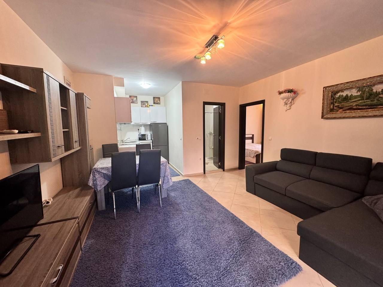 Современная квартира в Болгарии с уютной гостиной, оборудованной кухней и спальней, подходящая для продажи или аренды.